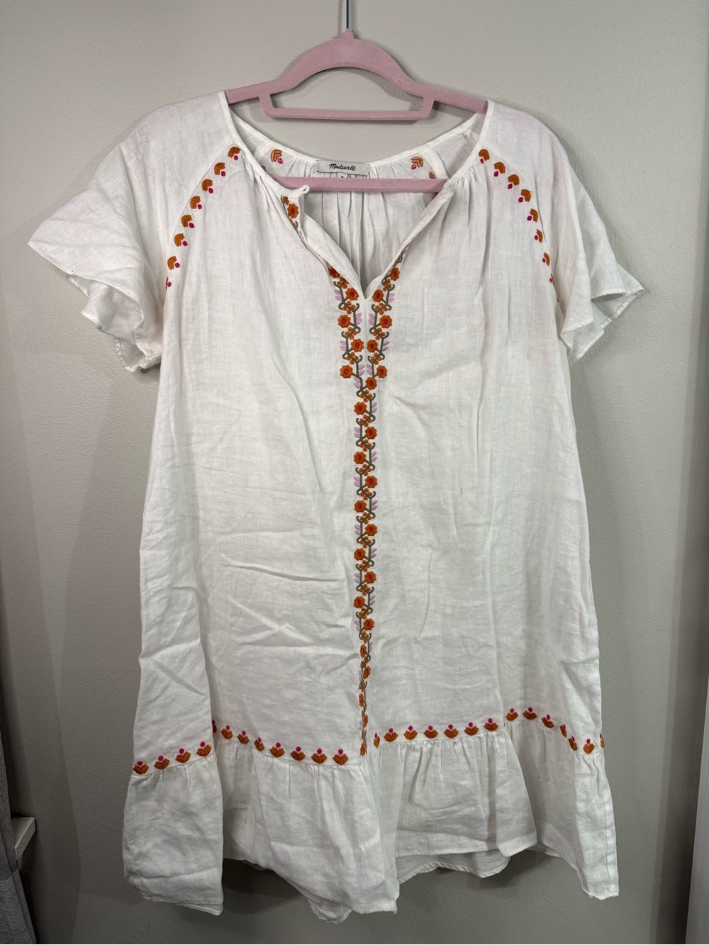 Madewell Embroidered White Cotton Peasant dress with Orange Floral Accents